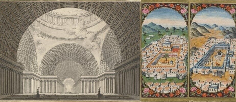A gauche : Vue perspective de l’intérieur d’une église métropolitaine ; Etienne-Louis Boullée ; 1780 ; 59.4 x 83.9 cm ; National Gallery of Art.  A droite, Dalâ'il al-khayrât ...: The Mosque at Mecca, 74v ; calligraphie : Mustafâ al-Kûtâhî ; auteur : Jazūlī, Muḥammad ibn Sulaymān ; 1792 ; 9.5 x 4.7 cm ; Manuscripts and Archives Division, The New York Public Library