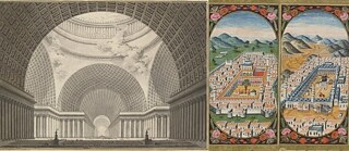 Links: Vue perspective de l’intérieur d’une église métropolitaine ; Etienne-Louis Boullée ; 1780 ; 59.4 x 83.9 cm ; National Gallery of Art.  Rechts: Dalâ'il al-khayrât ...: The Mosque at Mecca, 74v ; calligraphie : Mustafâ al-Kûtâhî ; auteur : Jazūlī, Muḥammad ibn Sulaymān ; 1792 ; 9.5 x 4.7 cm ; Manuscripts and Archives Division, The New York Public Library