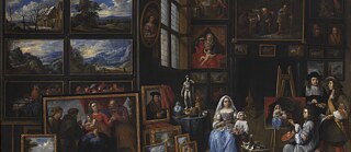 A Picture Gallery with an Artist Painting a Woman and a Girl, Allegory of the Art of Painting. Gillis van Tilborgh. 1660-1669. 97.5x137cm