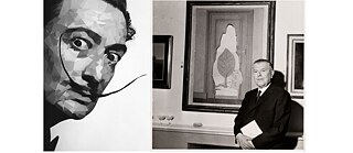 A gauche : « El Salvador Dali » (Pixabay, public domain) / à droite : « portrait en buste du peintre surréaliste René Magritte (1898-1967) devant une de ses toiles « La perspective amoureuse’ de 1935 », photographie anonyme, 1961, 40 x 30 cm (Public domain).
