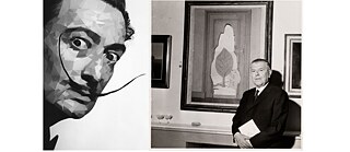 Links: « El Salvador Dali » (Pixabay, public domain). Rechts: « Portrait en buste du peintre surréaliste René Magritte (1898-1967) devant une de ses toiles « La perspective amoureuse’ de 1935 », photographie anonyme, 1961, 40 x 30 cm (Public domain).