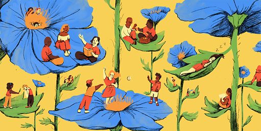 in a whimsical illustration against a yellow background, people on flowers engage in communal activities like reading and talking