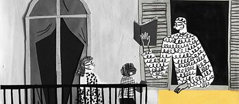 Ein Mann liest ein Buch zwei Kinder vor