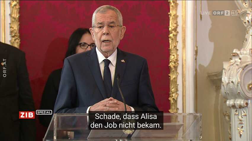 Screenshot: Falsche Untertitel bei der Übertragung der Vereidigungszeremonie des österreichischen Kanzlers
