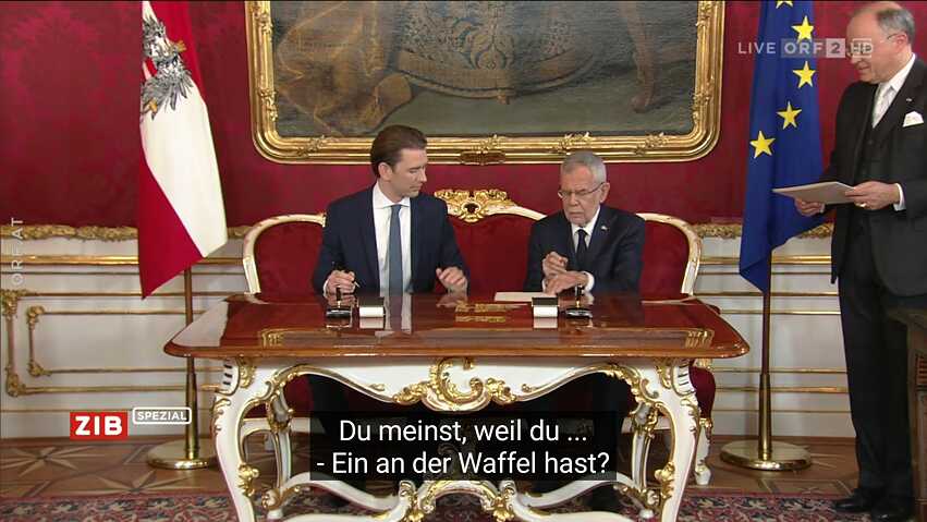 Screenshot: Falsche Untertitel bei der Übertragung der Vereidigungszeremonie des österreichischen Kanzlers