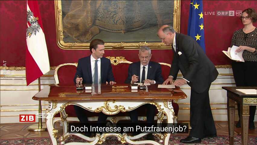 Screenshot: Falsche Untertitel bei der Übertragung der Vereidigungszeremonie des österreichischen Kanzlers