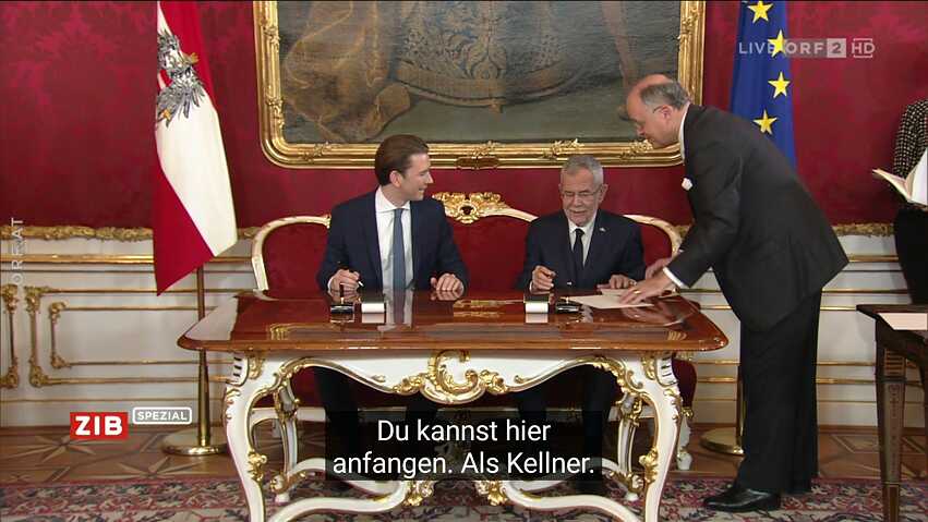 Screenshot: Falsche Untertitel bei der Übertragung der Vereidigungszeremonie des österreichischen Kanzlers