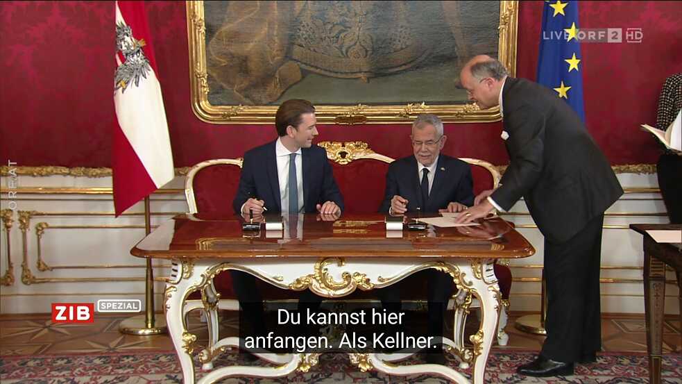 Screenshot: wrong subtitles at swearing-in ceremony of Austrian chancellor