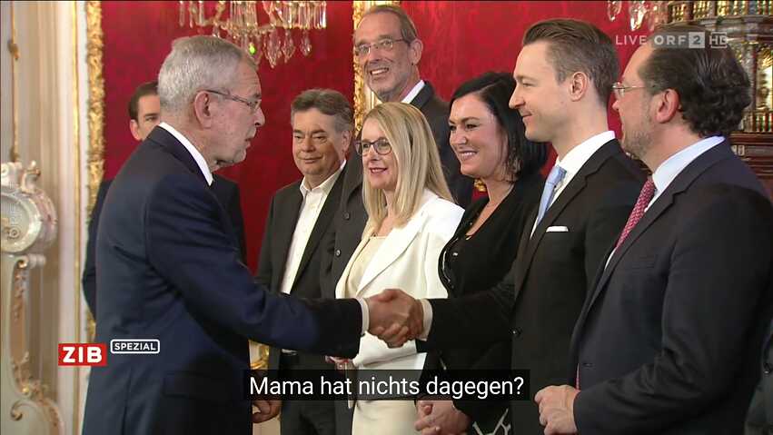 Screenshot: Falsche Untertitel bei der Übertragung der Vereidigungszeremonie des österreichischen Kanzlers