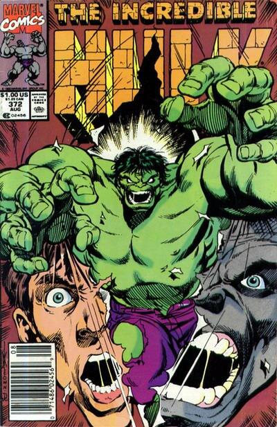 La première page de l'édition américaine du numéro 372 de Hulk illustre le trébuchement des différentes personnalités de Hulk 
