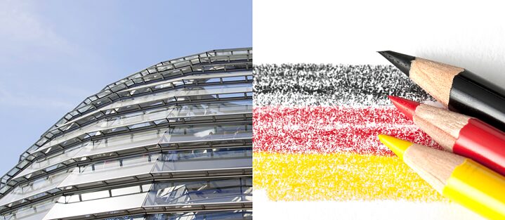 Collage: Kuppel des Reichstags und schwarz-rot-goldene Buntstiftstriche 