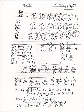 Les chiffres en haut sont des paires d'hexagrammes. Dans ce cas, chaque hexagramme correspond à un solo, un duo, un trio, un quatuor, un quintette ou un sextuor. Il y a une clé en dessous qui indique quels hexagrammes correspondent à quels groupes (par exemple, l'hexagramme 1-11 est un solo, 12-21 est un duo). Ensuite, en dessous des chiffres, il a "traduit" la partition dans les groupes. Ici, la danse s'ouvre sur une section pour un quatuor et un duo. En bas, il est écrit "throw" pour le contenu des solos (ce qui signifie, lancer le I Ching pour obtenir un hexagramme, chaque hexagramme correspondant dans ce cas à une phrase). 