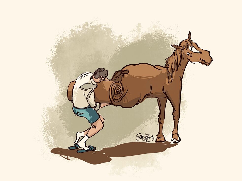 Das Pferd von hinten aufrollen (lit. to roll the horse up from the rear) – The poor horse! Animal lovers take heart; no one has any plans to fold up a noble steed to save on space. However, attempting to roll up a pony from any angle is a good example of <B>das Pferd von hinten aufzäumen (lit. to bridle the horse from the rear, fig. to put the cart before the horse)</b> – or doing something the wrong way round.
