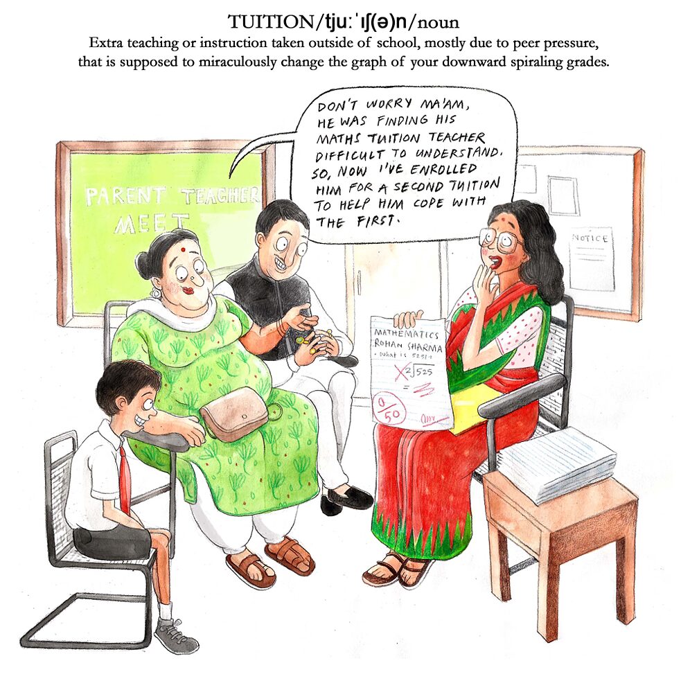 “Don’t worry, ma’am, he was finding this maths tuition teacher difficult to understand. Sow, now I’ve enrolled him for a second tuition to help him cope with the first.” | (Notice Board) Parent Teacher Meet | Mathematics Rohan Sharma: What is 52  3/2 | (sheet on board) notice