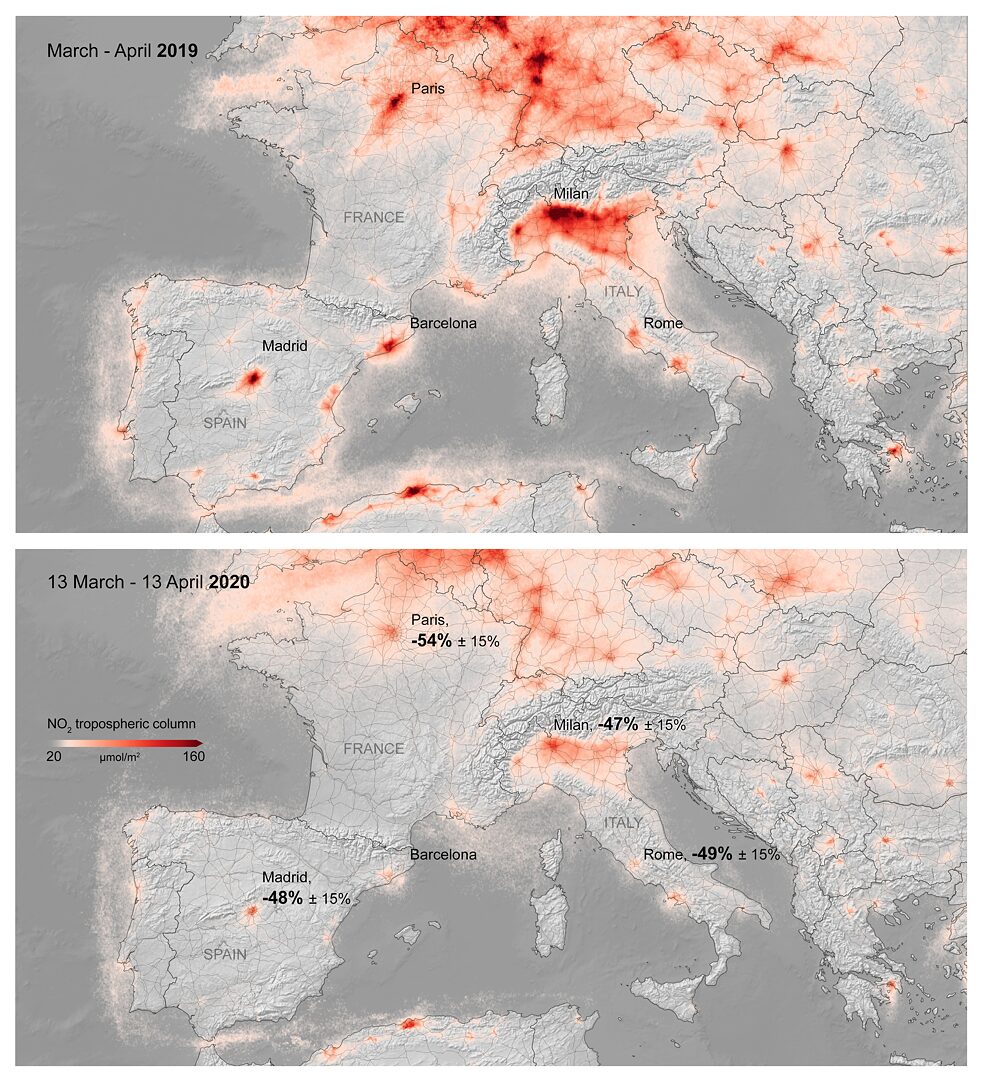 Mapy Kráľovského holandského meteorologického ústavu a Európskej vesmírnej agentúry znázorňujú priemernú koncentráciu oxidov dusíka nad územím Európy v období marec až apríl 2019 (hore) a od 13. marca do 13. apríla 2020 počas obmedzenia pohybu proti šíreniu nového typu koronavírusu.