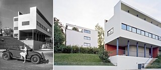 Bild links: „Damenfahrerin“ mit Mercedes-Benz vor dem Le Corbusier-Haus | 1928; Bild rechts: Doppelwohnhaus Le Corbusier | Weißenhofsiedlung | Stuttgart