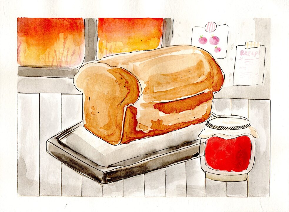 Akvarelės piešinys su duona ir uogienės stiklainiu