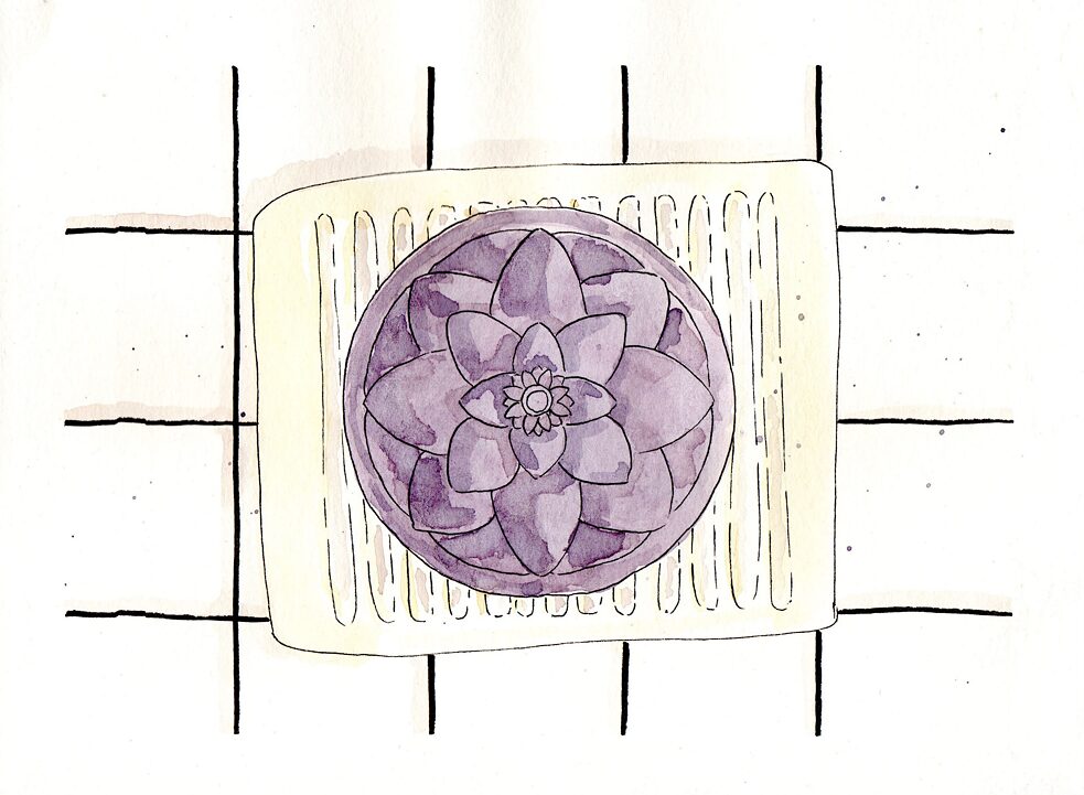 Akvarelės piešinys su violetinės spalvos šampūno batonėliu