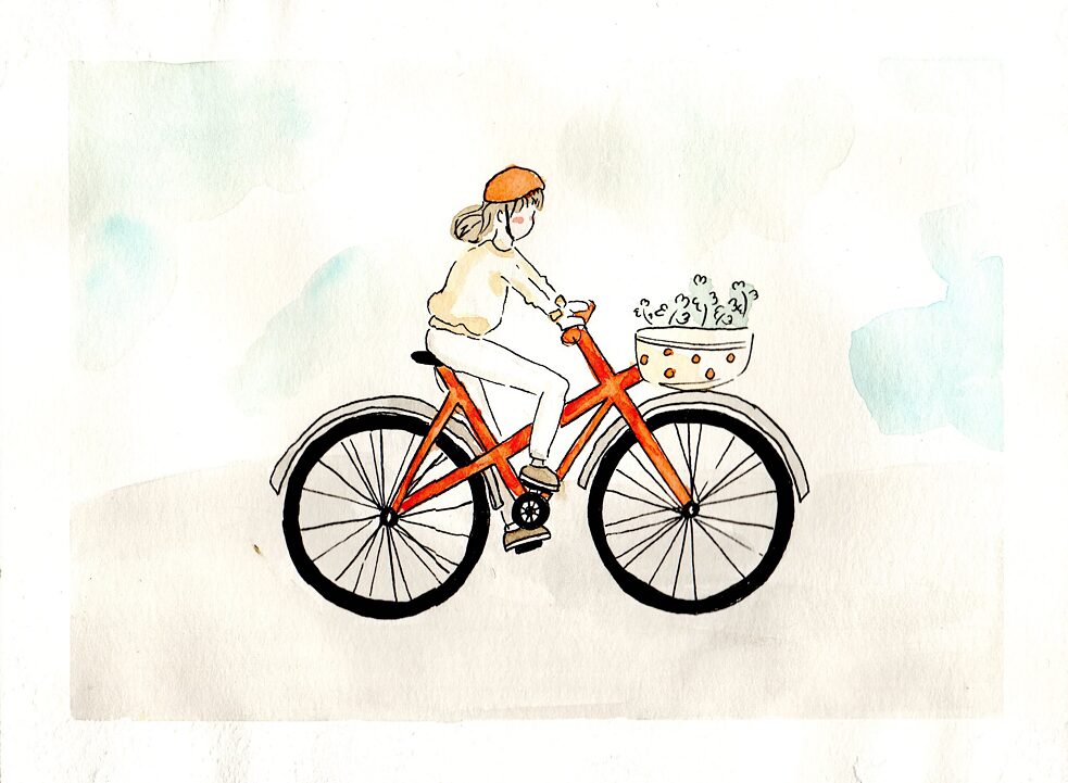 Akvarelės piešinys su moterimis važiuojančia dviračiu