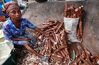 Comércio de mandioca em uma feira em Lagos, na Nigéria. 