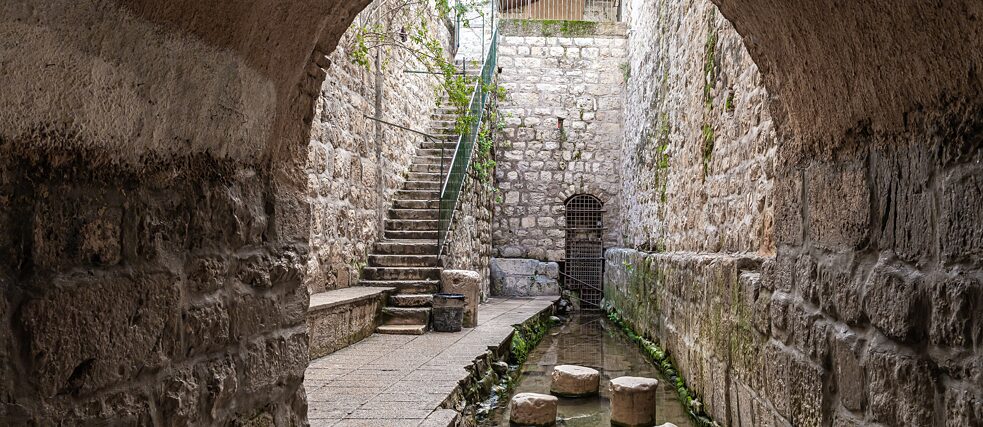 The Gihon Spring at the foot of Temple Mount provided Jerusalem with drinking water for centuries.  Today the ancient tunnel system and pond of Siloah are part of a unique archaeological park.  