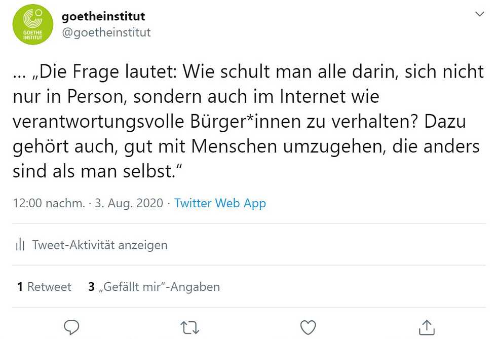 Es handelt sich bei dem Bild um einen Screenshot des zweiten Tweets von Shai Fuxman, mit dem Inhalt: … „Die Frage lautet: Wie schult man alle darin, sich nicht nur in Person, sondern auch im Internet wie verantwortungsvolle Bürger*innen zu verhalten? Dazu gehört auch, gut mit Menschen umzugehen, die anders sind als man selbst.“