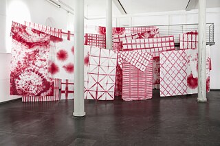 Hoda Tawakol, Immaculate #20, 2019, fabric, dye, rope, 370 x 745 x 550 cm (variable)