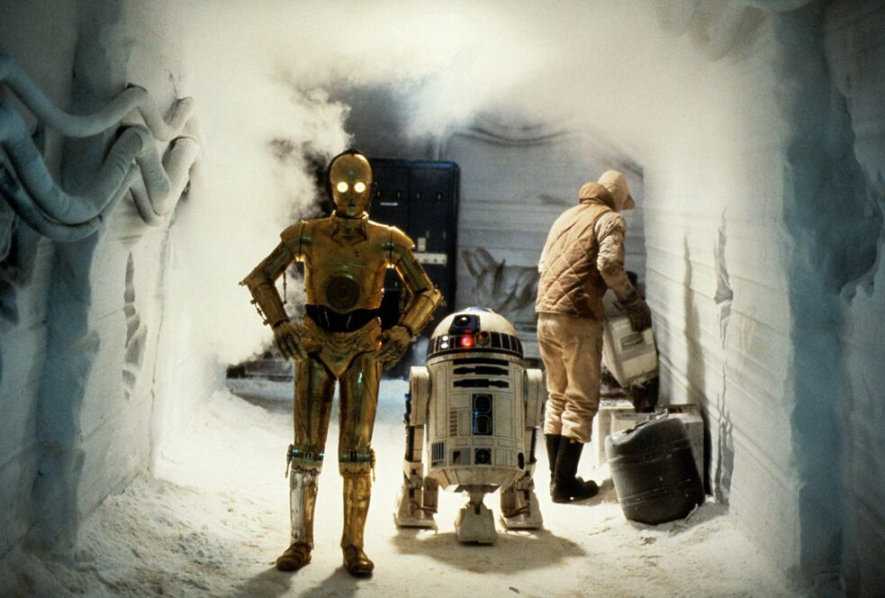 C-3PO and R2D2 in a scene from "Star Wars: The Empire Strikes Back"