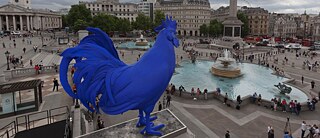 "Hahn/Cock" is an ultramarine blue sculpture by German artist Katharina Fritsch