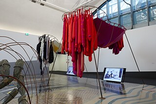 Ramin Haerizadeh, Rokni Haerizadeh, Hesam Rahmanian, Hoda Tawakol, "What if We Build Our Own Country, Drinking the Donkey's Milk, Rather that the Wolf's?", 2020, metal, fabric, styrofoam, wadding, nylon, 360 x 400 x 400 cm