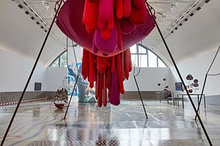 Ramin Haerizadeh, Rokni Haerizadeh, Hesam Rahmanian, Hoda Tawakol, "What if We Build Our Own Country, Drinking the Donkey's Milk, Rather that the Wolf's?", 2020, metal, fabric, styrofoam, wadding, nylon, 360 x 400 x 400 cm