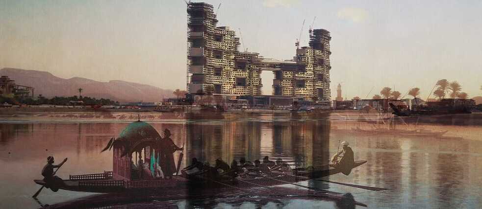 In the foreground the “Promenade du Harem” by Jean Louis Gerome, in the background the construction site of the Hotel Royal Atlantis in Dubai. 