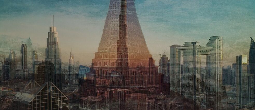 Die Videosequenz „New City“ überlagert Bilder des Burj Khalifa mit dem Gemälde „Der Turmbau zu Babel“ von Lucas van Valckenborch. 
