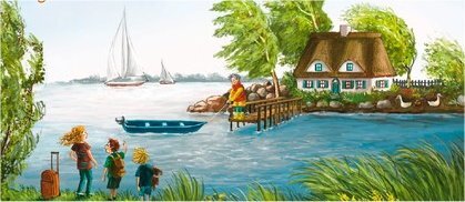 Image desssinée avec enfants, lac, bateau