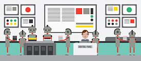 Illustration: Several robots carry books through a control room, a human oversees their activities.