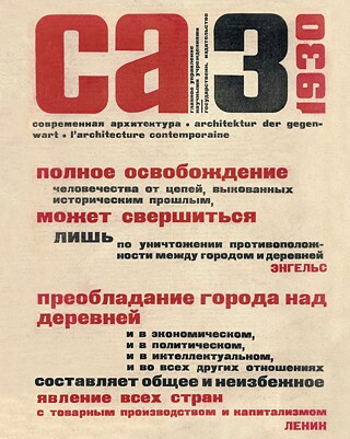 Titelseite der Zeitschrift „Moderne Architektur“ Nummer 3, 1930, mit Veröffentlichung des Kommuneprojekts von Nikolaj Kusmin