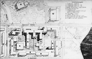 Plan des Gebäudekomplexes der Staatlichen Universität Kemerowo | А. I. Klimow, О. G. Razhew, 1978 bis 1982