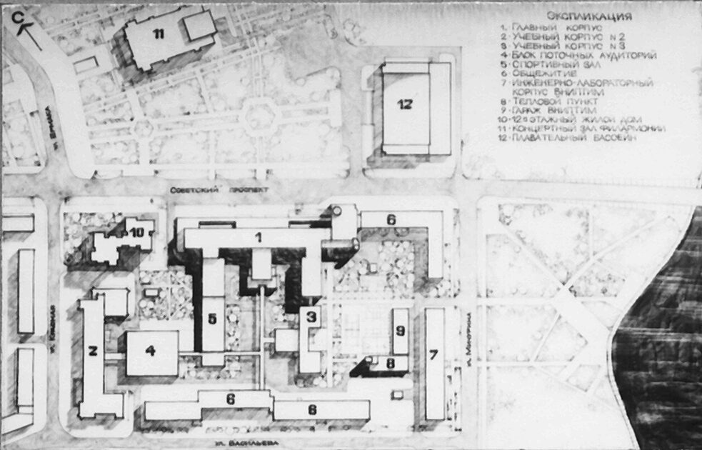 Plan des Gebäudekomplexes der Staatlichen Universität Kemerowo | А. I. Klimow, О. G. Razhew, 1978 bis 1982