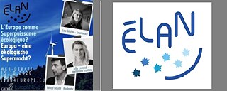 Affiche du débat 'l'Europe comme superpuissance écologique' et logo Elan 