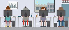 Piirroskuvitus: kolme ihmistä ja robotti istuu vierekkäin tietokoneiden takana.
