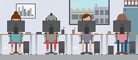 Illustration: Drei Personen und ein Roboter sitzen nebeneinander an Tischen mit Laptops.