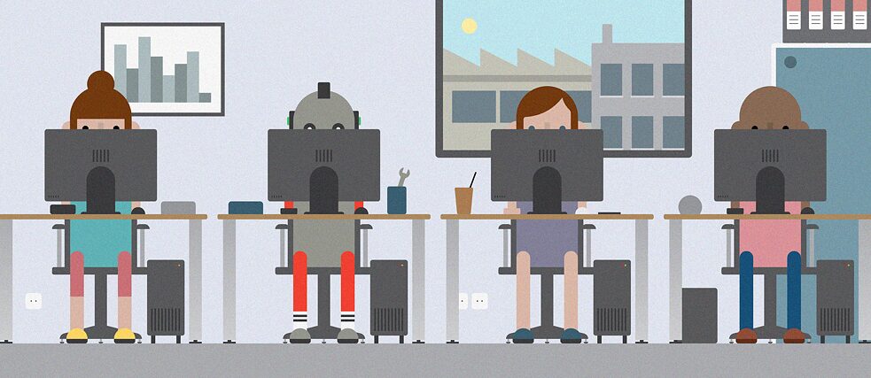 Illustration: Drei Personen und ein Roboter sitzen nebeneinander an Tischen mit Laptops.