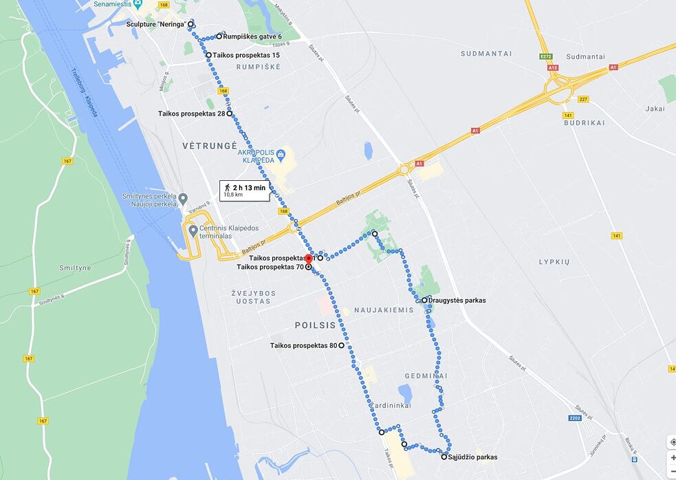 Dviračių maršruto schema Kalipėdoje pažymėta Google žemėlapyje