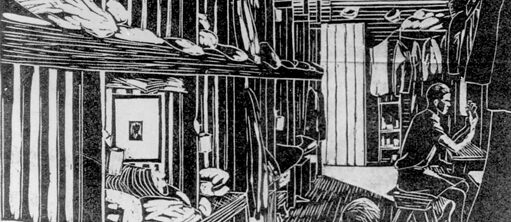  Inside the hut. Loveday war internment camp. Linoleum print on paper by internee Carl von Brandenstein (R36413), 1943. Wulff Collection. © Curator, P. Khosronejad
