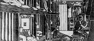  Inside the hut. Loveday war internment camp. Linoleum print on paper by internee Carl von Brandenstein (R36413), 1943. Wulff Collection. © Curator, P. Khosronejad