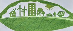 Illustration in Grün: unser Planet mit Stadt- und Naturelementen