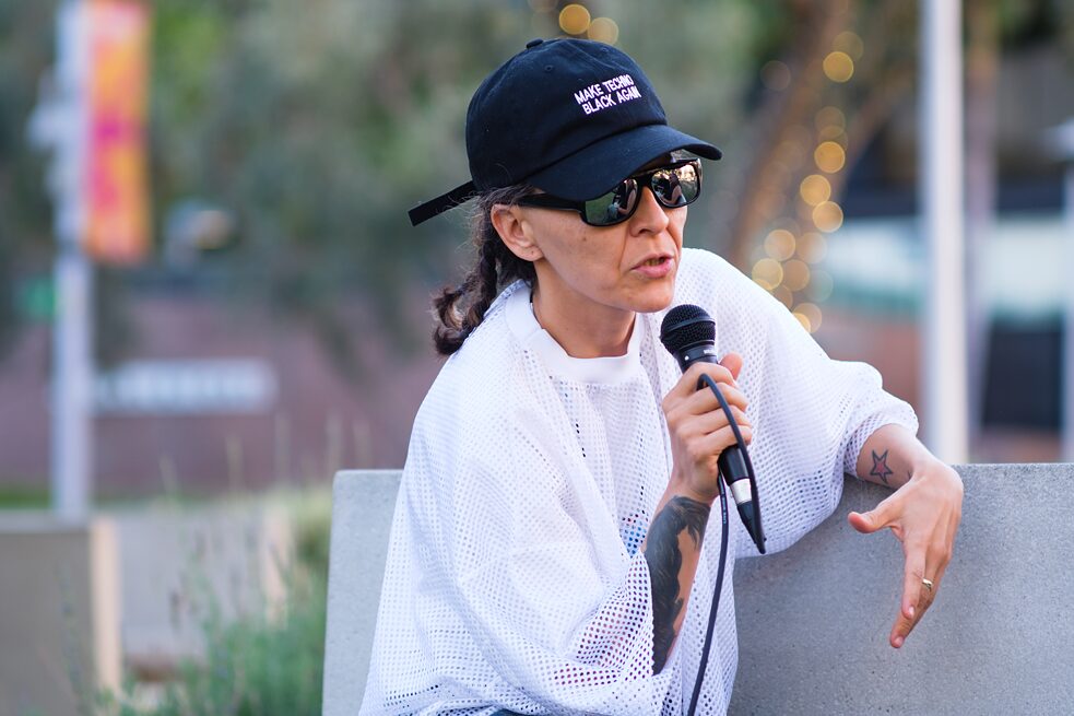 Guadalupe Rosales in discussion at Grand Park for “Future Ancestral Monuments,” part of the event series “Yaangna, Beyond LA. Indigenous Frameworks.”