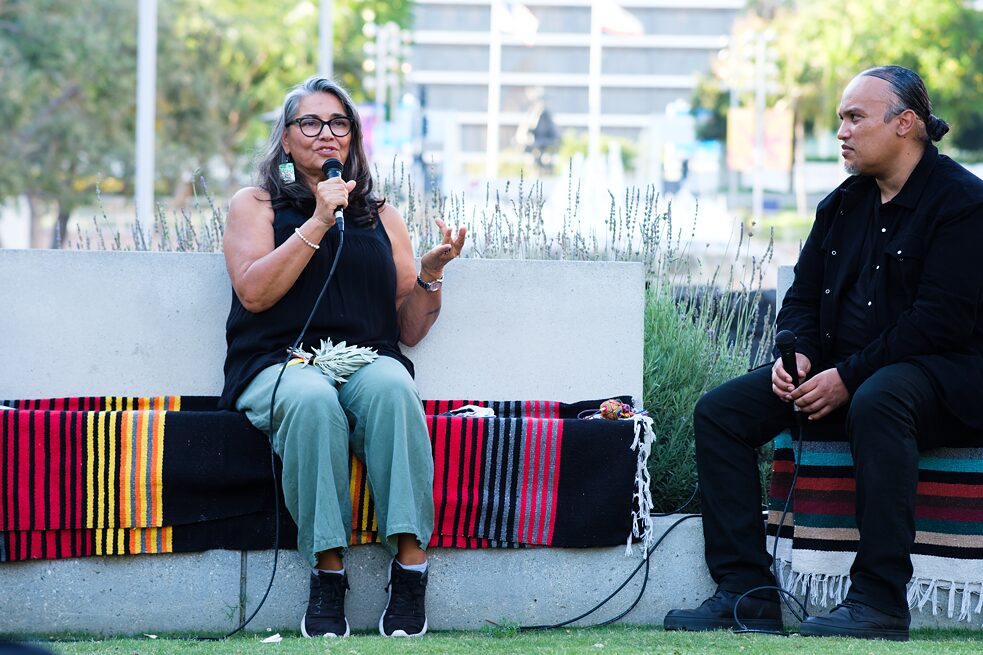 Cindi Alvitre and Joel Garcia in discussion at Grand Park for “Future Ancestral Monuments,” part of the event series “Yaangna, Beyond LA. Indigenous Frameworks.” 