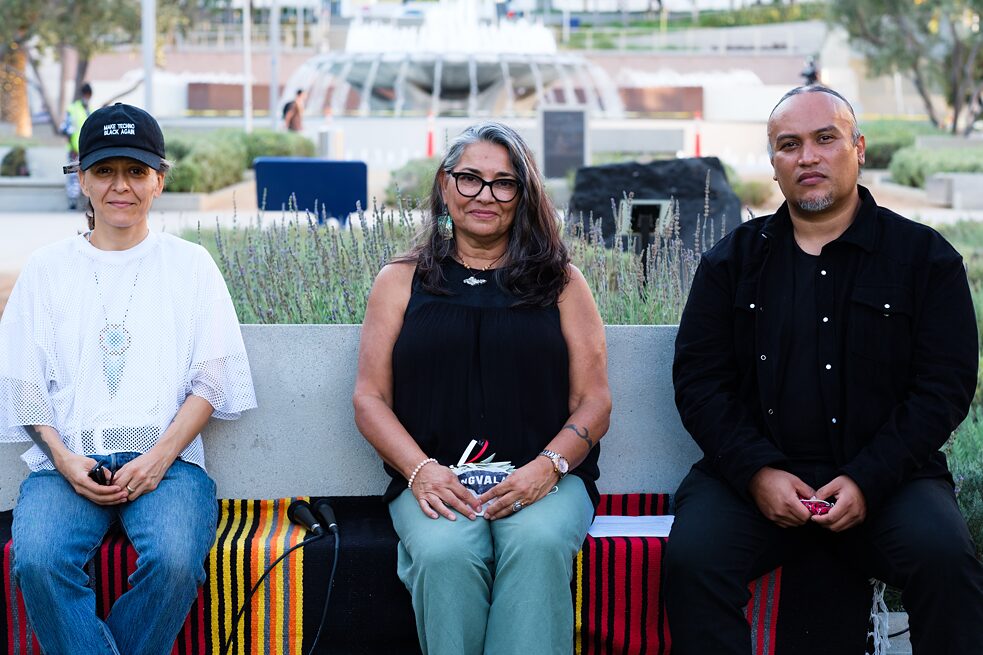 Guadalupe Rosales, Cindi Alvitre and Joel Garcia in discussion at Grand Park for “Future Ancestral Monuments,” part of the event series “Yaangna, Beyond LA. Indigenous Frameworks.” 