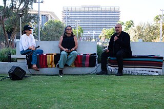 Guadalupe Rosales, Cindi Alvitre and Joel Garcia in discussion at Grand Park for “Future Ancestral Monuments,” part of the event series “Yaangna, Beyond LA. Indigenous Frameworks.”